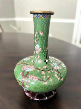 Vintage Mid-Century 7" Cloisonné Pink Plum Blossom Elongated Neck Vase w/ Stand